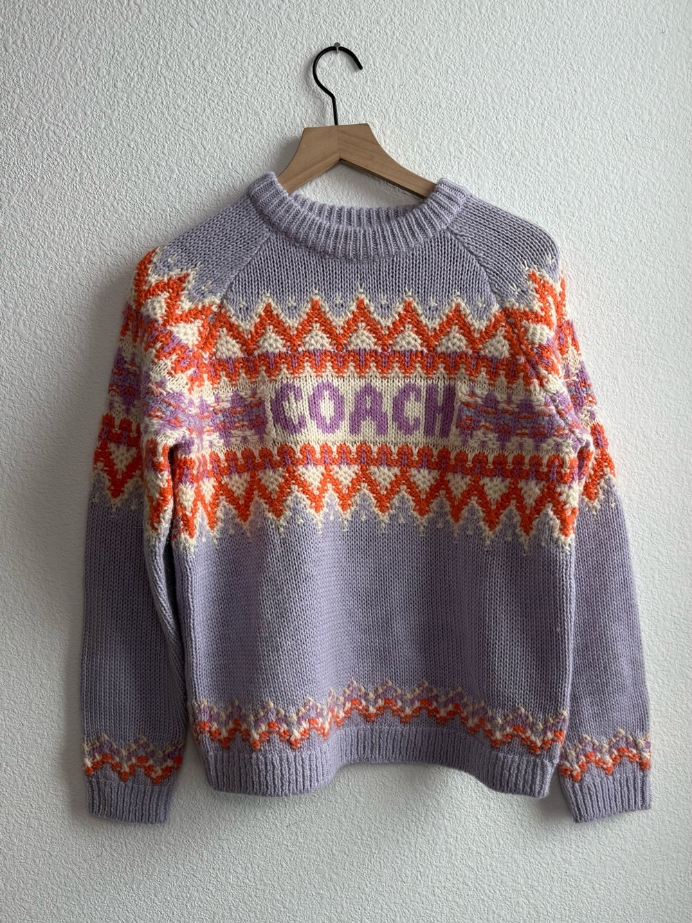 Coach Lavender Crewneck Sweater with Contrasting Fair Isle Detail